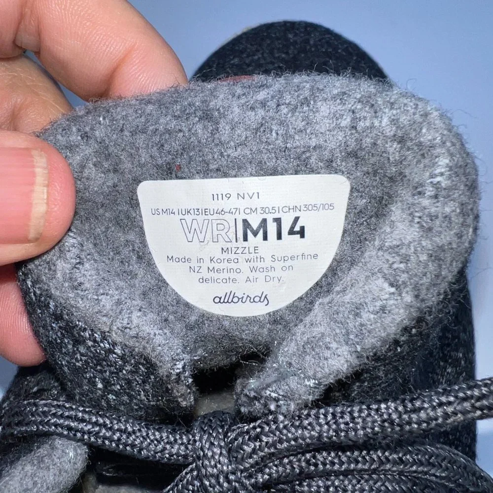 Allbirds Mizzle Men’s Wool Runners Grey‎ Reinforced Sole Size 14